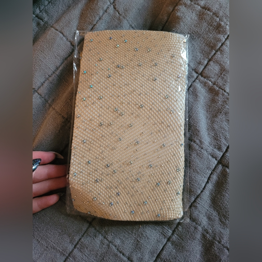 Beige One Size Fits Most Fishnet Pantyhose With Whitw Rhinestones